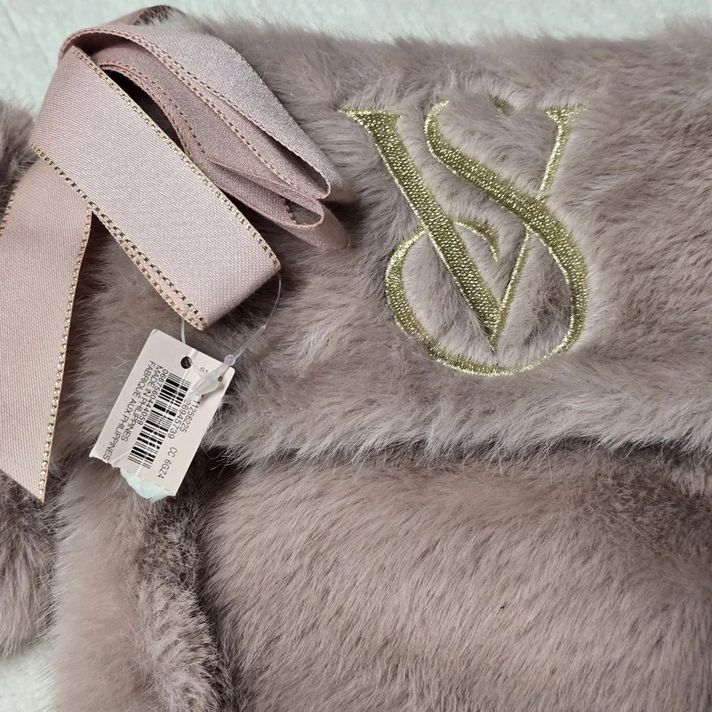 Victoria's Secret‎ Mauve Pink W/ Gold Trim Faux Fur Christmas Stocking New
